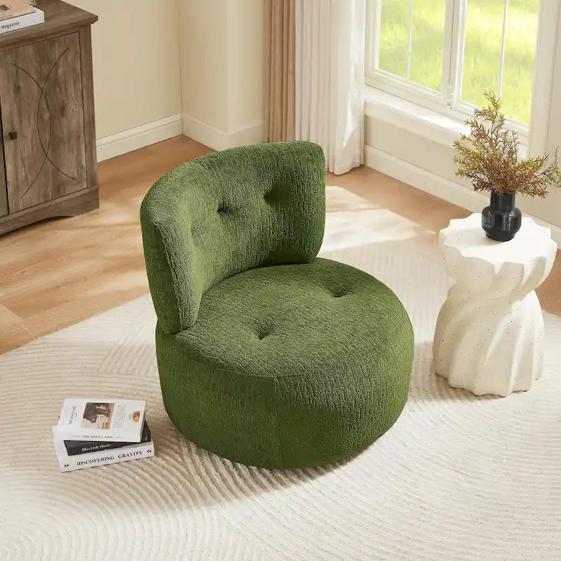 360-Degree Swivel Flannel Accent Chair with Button-Tufted Back and Wood Base