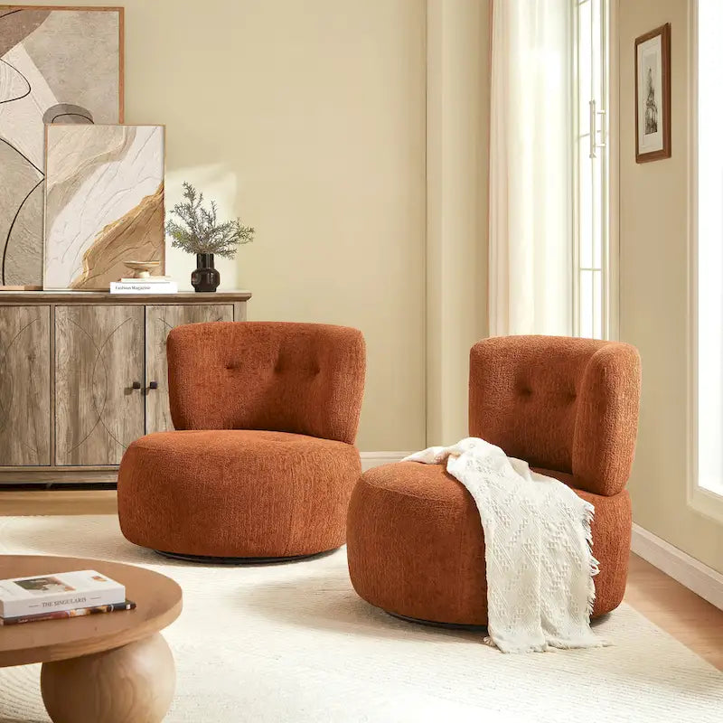 360-Degree Swivel Flannel Accent Chair with Button-Tufted Back and Wood Base