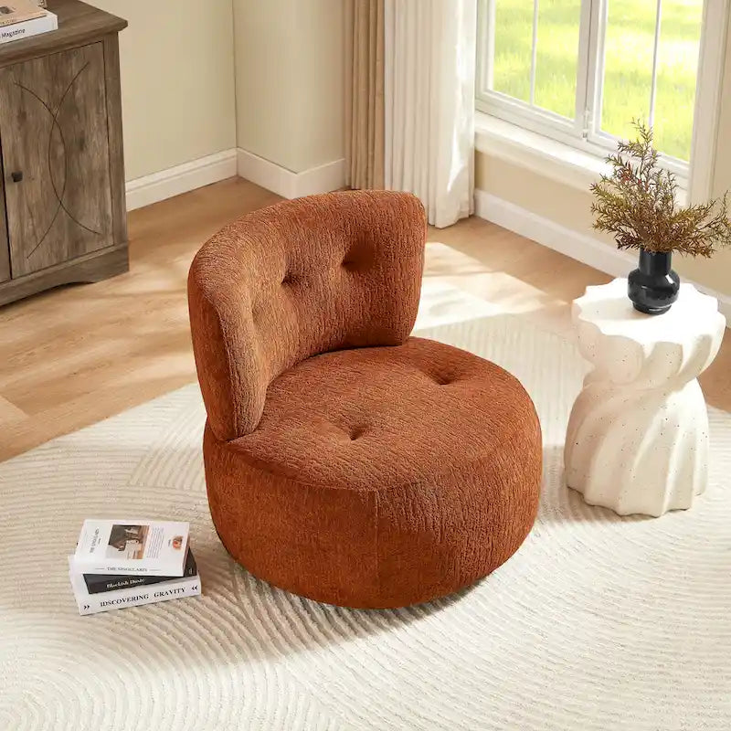 360-Degree Swivel Flannel Accent Chair with Button-Tufted Back and Wood Base