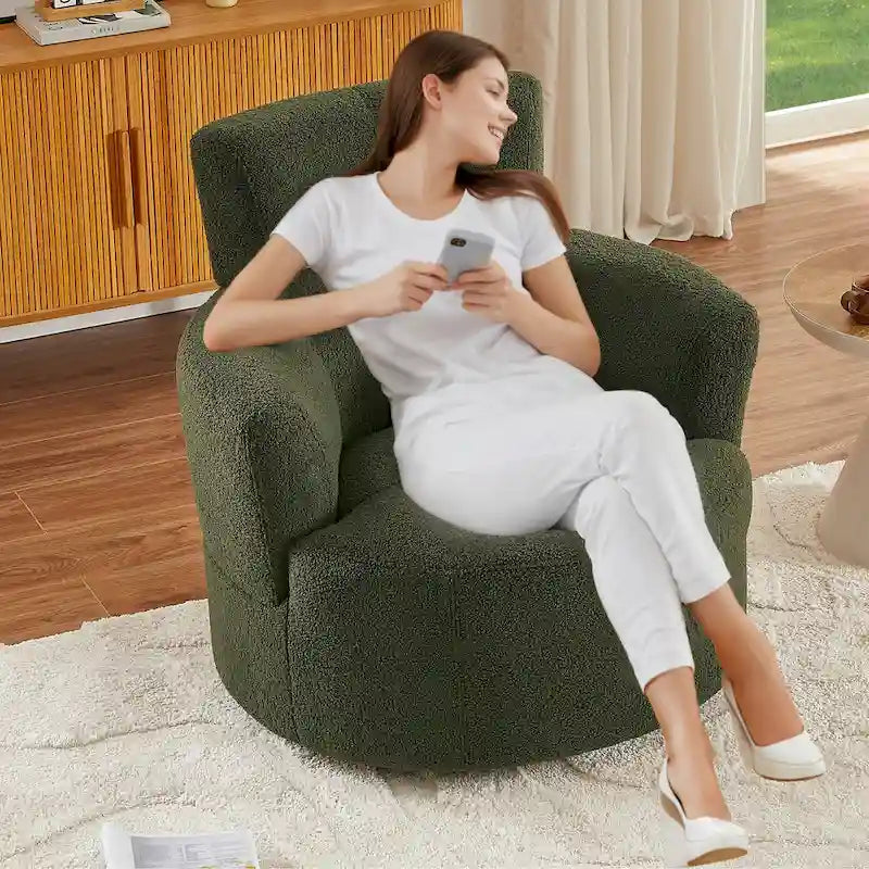 360-Degree Swivel Barrel Chair in Berber Fleece with Adjustable Headrest