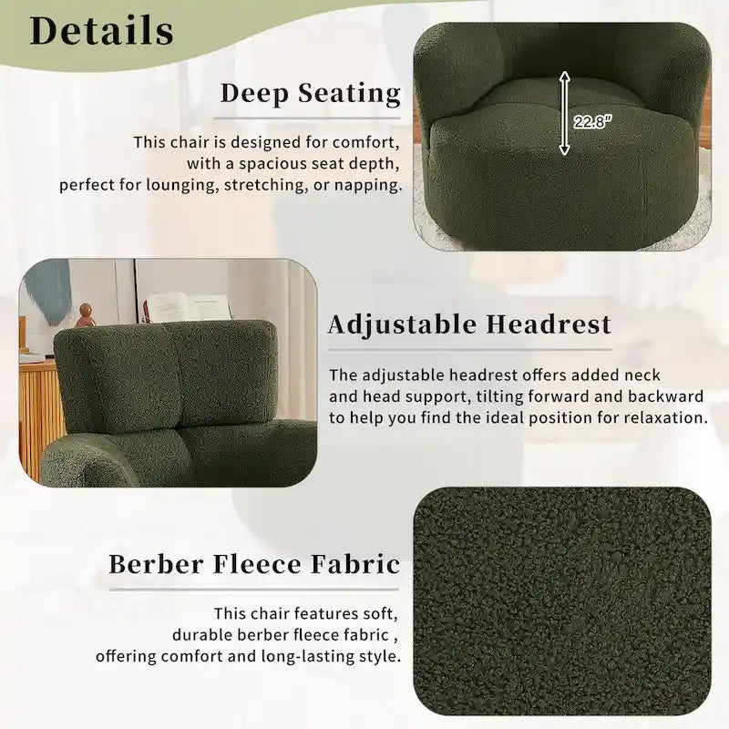 360-Degree Swivel Barrel Chair in Berber Fleece with Adjustable Headrest