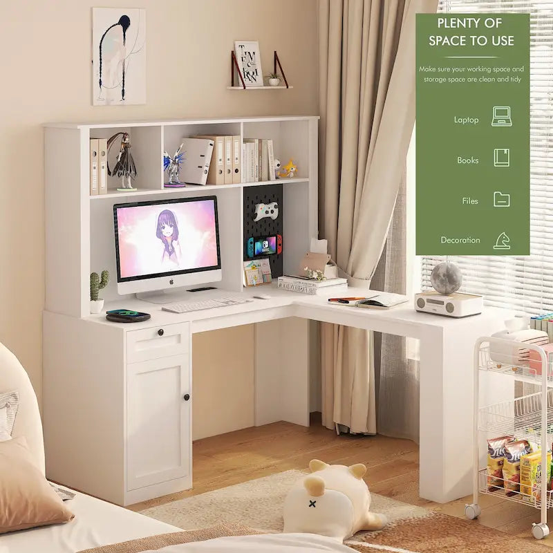 L-Shaped Computer Desk with USB Ports Power Outlets Bookshelf and Drawers