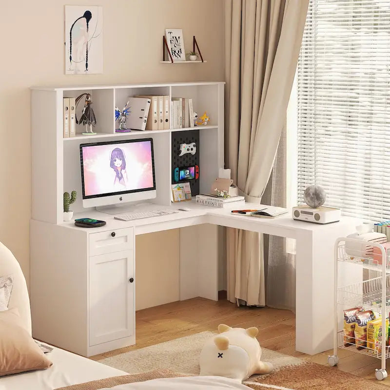 L-Shaped Computer Desk with USB Ports Power Outlets Bookshelf and Drawers