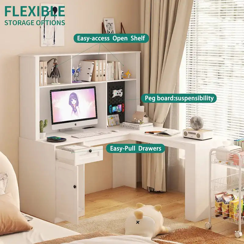 L-Shaped Computer Desk with USB Ports Power Outlets Bookshelf and Drawers