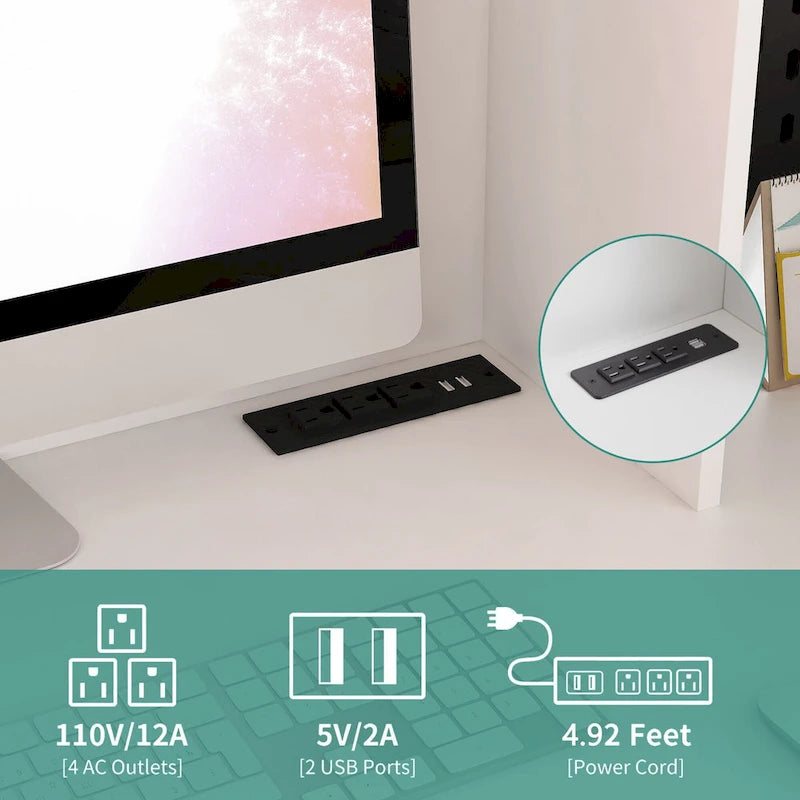 L-Shaped Computer Desk with USB Ports Power Outlets Bookshelf and Drawers