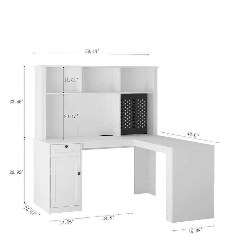L-Shaped Computer Desk with USB Ports Power Outlets Bookshelf and Drawers