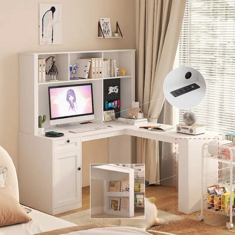 L-Shaped Computer Desk with USB Ports Power Outlets Bookshelf and Drawers
