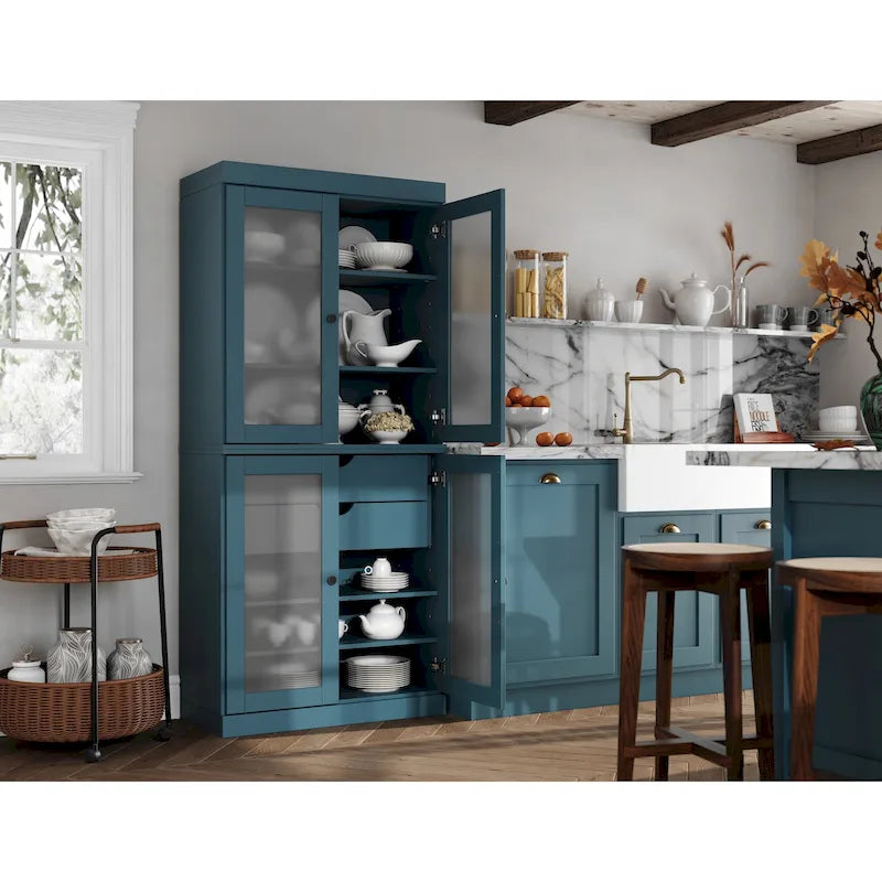 Solid Pine Wood Kitchen Pantry Cabinet with Frosted Glass Doors 2 Drawers and Adjustable Shelves 32x71 Inch