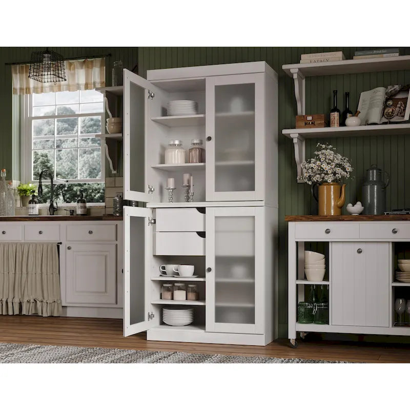 Solid Pine Wood Kitchen Pantry Cabinet with Frosted Glass Doors 2 Drawers and Adjustable Shelves 32x71 Inch