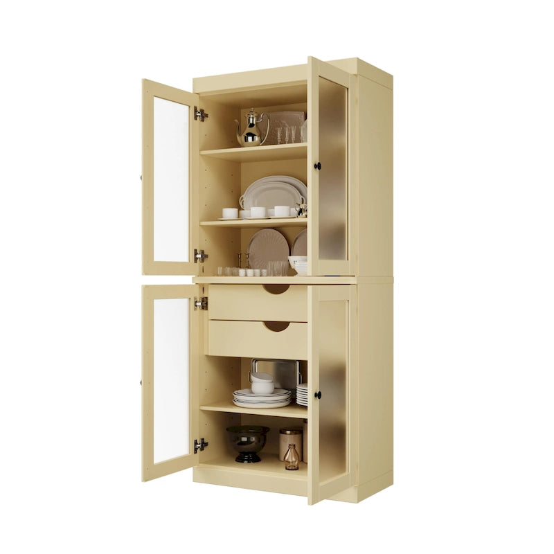 Solid Pine Wood Kitchen Pantry Cabinet with Frosted Glass Doors 2 Drawers and Adjustable Shelves 32x71 Inch