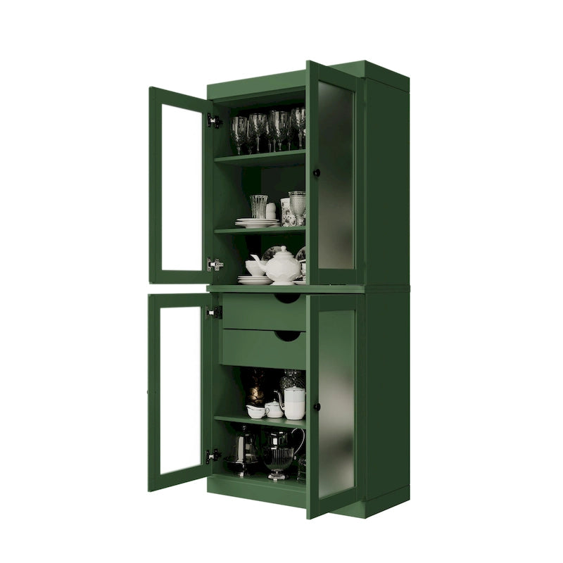 Solid Pine Wood Kitchen Pantry Cabinet with Frosted Glass Doors 2 Drawers and Adjustable Shelves 32x71 Inch