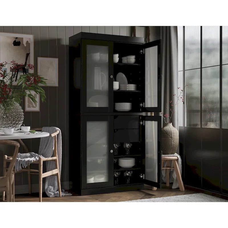 Solid Pine Wood Kitchen Pantry Cabinet with Frosted Glass Doors 2 Drawers and Adjustable Shelves 32x71 Inch