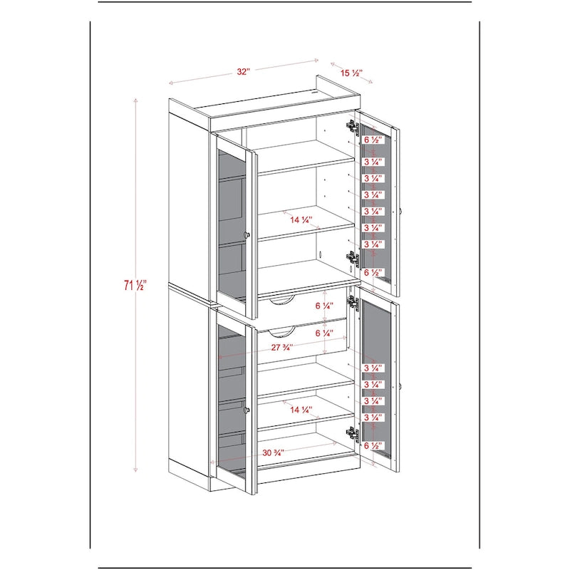 Solid Pine Wood Kitchen Pantry Cabinet with Frosted Glass Doors 2 Drawers and Adjustable Shelves 32x71 Inch