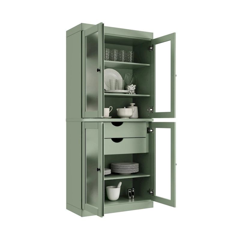 Solid Pine Wood Kitchen Pantry Cabinet with Frosted Glass Doors 2 Drawers and Adjustable Shelves 32x71 Inch