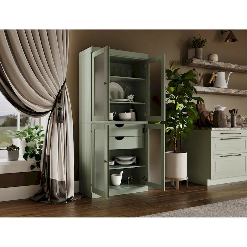 Solid Pine Wood Kitchen Pantry Cabinet with Frosted Glass Doors 2 Drawers and Adjustable Shelves 32x71 Inch
