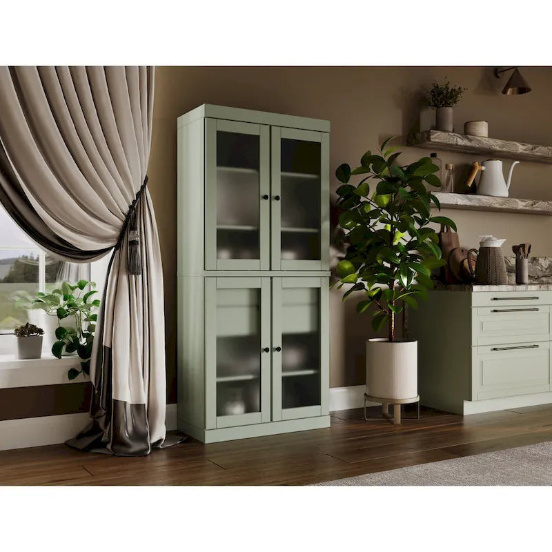 Solid Pine Wood Kitchen Pantry Cabinet with Frosted Glass Doors 2 Drawers and Adjustable Shelves 32x71 Inch
