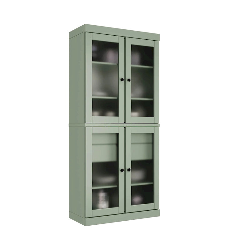 Solid Pine Wood Kitchen Pantry Cabinet with Frosted Glass Doors 2 Drawers and Adjustable Shelves 32x71 Inch