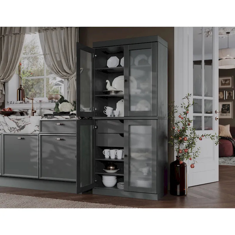 Solid Pine Wood Kitchen Pantry Cabinet with Frosted Glass Doors 2 Drawers and Adjustable Shelves 32x71 Inch