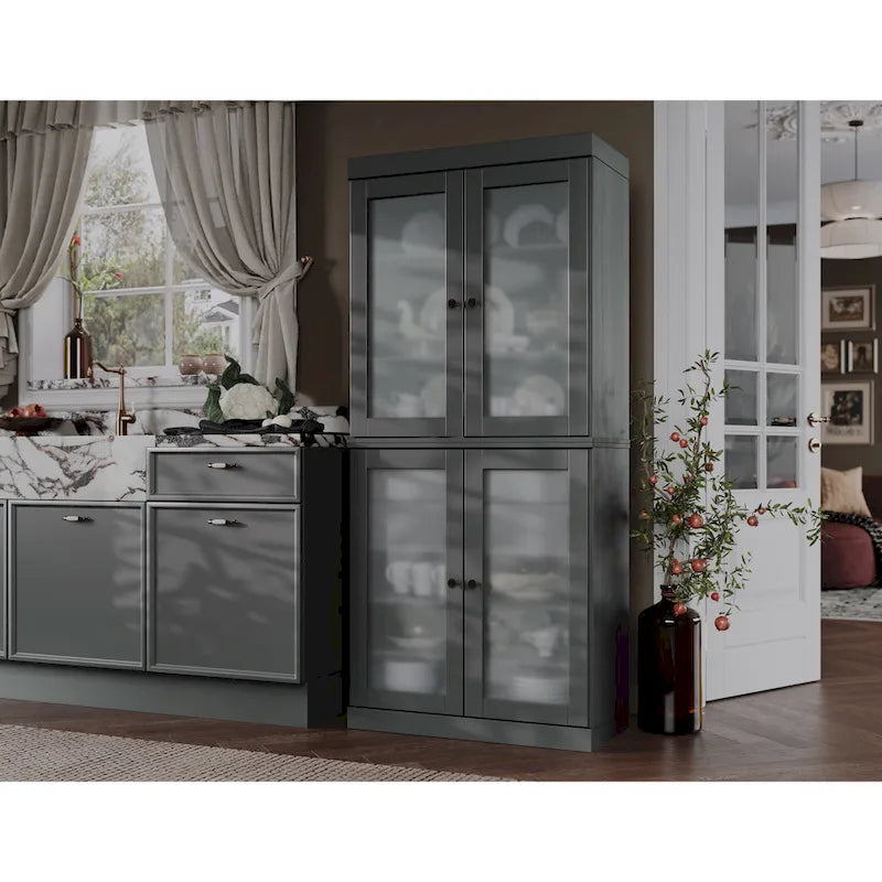 Solid Pine Wood Kitchen Pantry Cabinet with Frosted Glass Doors 2 Drawers and Adjustable Shelves 32x71 Inch