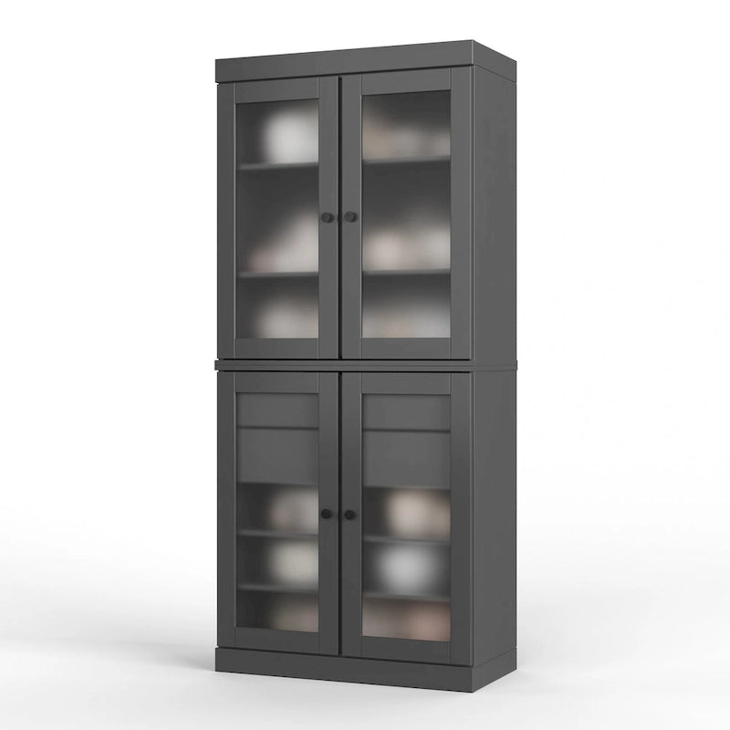 Solid Pine Wood Kitchen Pantry Cabinet with Frosted Glass Doors 2 Drawers and Adjustable Shelves 32x71 Inch