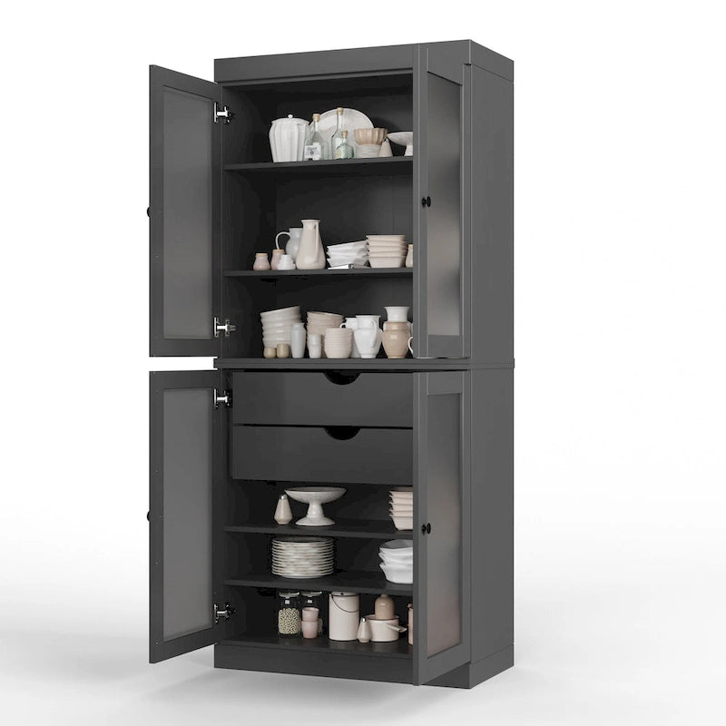 Solid Pine Wood Kitchen Pantry Cabinet with Frosted Glass Doors 2 Drawers and Adjustable Shelves 32x71 Inch