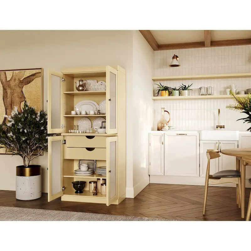 Solid Pine Wood Kitchen Pantry Cabinet with Frosted Glass Doors 2 Drawers and Adjustable Shelves 32x71 Inch