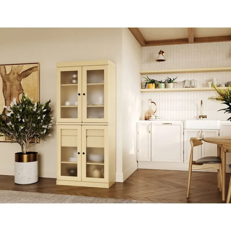 Solid Pine Wood Kitchen Pantry Cabinet with Frosted Glass Doors 2 Drawers and Adjustable Shelves 32x71 Inch