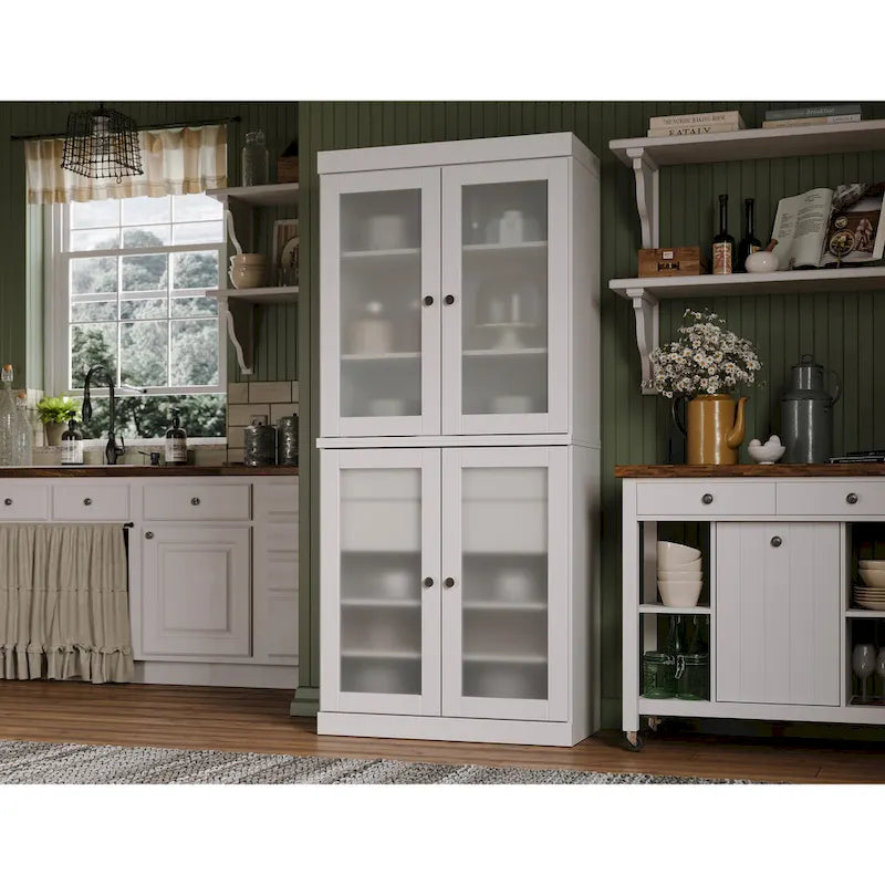 Solid Pine Wood Kitchen Pantry Cabinet with Frosted Glass Doors 2 Drawers and Adjustable Shelves 32x71 Inch
