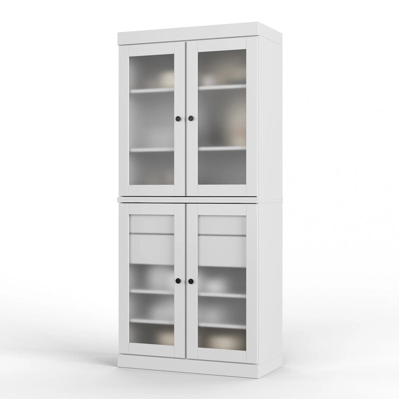 Solid Pine Wood Kitchen Pantry Cabinet with Frosted Glass Doors 2 Drawers and Adjustable Shelves 32x71 Inch