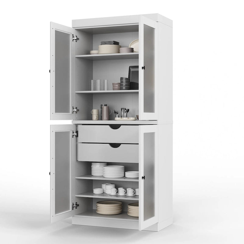 Solid Pine Wood Kitchen Pantry Cabinet with Frosted Glass Doors 2 Drawers and Adjustable Shelves 32x71 Inch