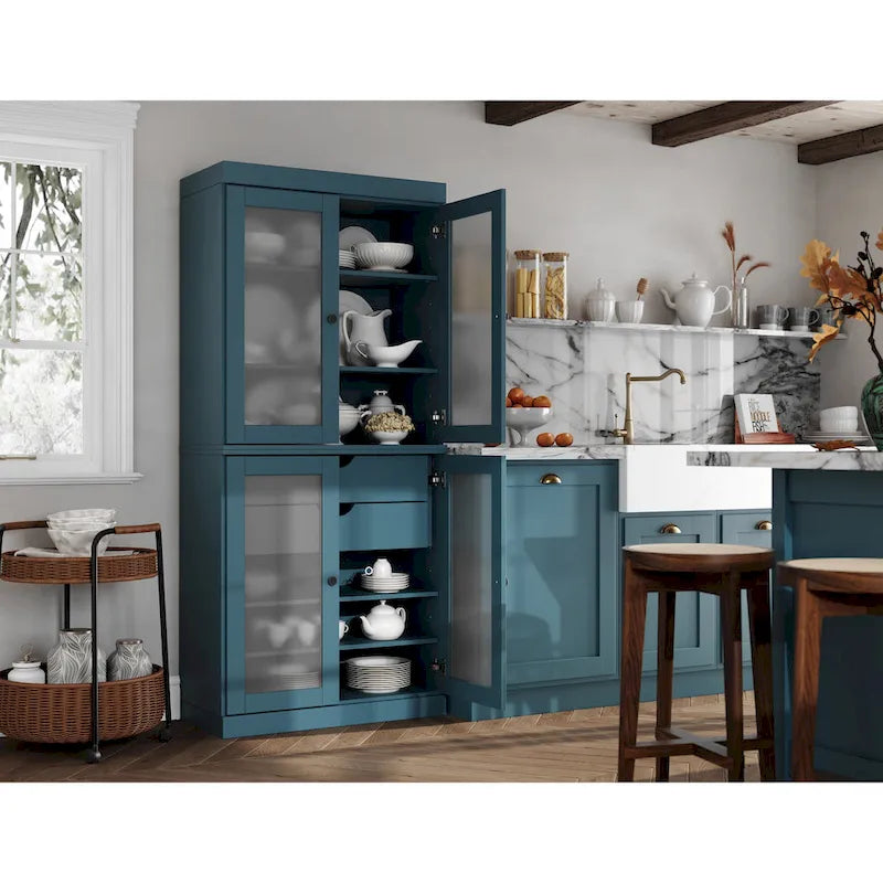 Solid Pine Wood Kitchen Pantry Cabinet with Frosted Glass Doors 2 Drawers and Adjustable Shelves 32x71 Inch