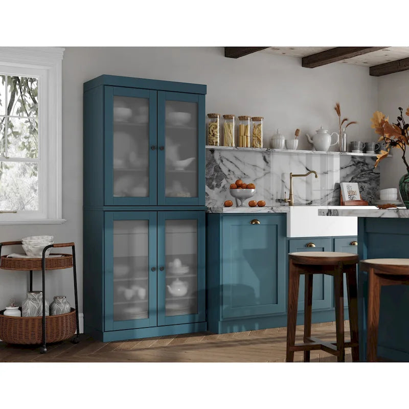 Solid Pine Wood Kitchen Pantry Cabinet with Frosted Glass Doors 2 Drawers and Adjustable Shelves 32x71 Inch