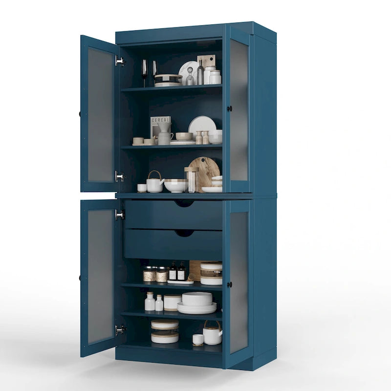 Solid Pine Wood Kitchen Pantry Cabinet with Frosted Glass Doors 2 Drawers and Adjustable Shelves 32x71 Inch