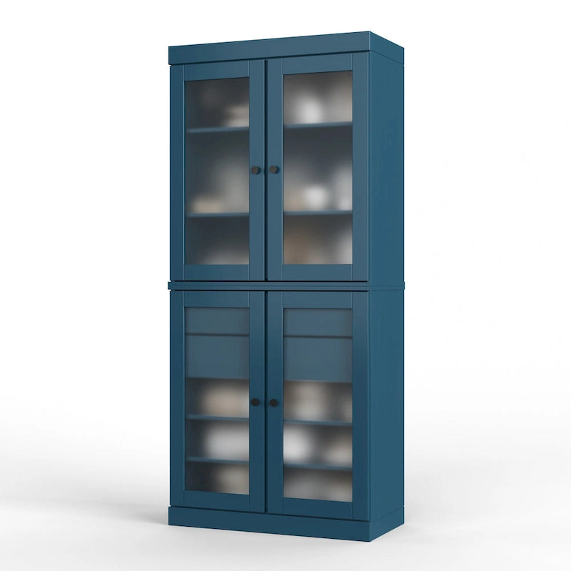 Solid Pine Wood Kitchen Pantry Cabinet with Frosted Glass Doors 2 Drawers and Adjustable Shelves 32x71 Inch