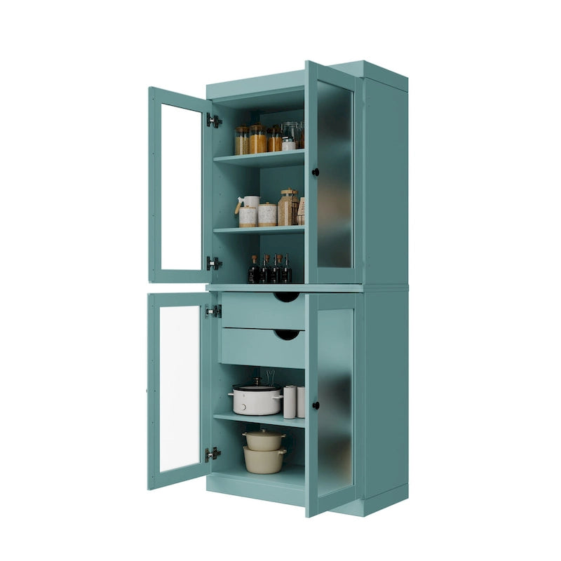 Solid Pine Wood Kitchen Pantry Cabinet with Frosted Glass Doors 2 Drawers and Adjustable Shelves 32x71 Inch