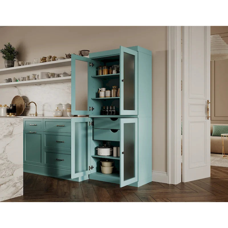 Solid Pine Wood Kitchen Pantry Cabinet with Frosted Glass Doors 2 Drawers and Adjustable Shelves 32x71 Inch