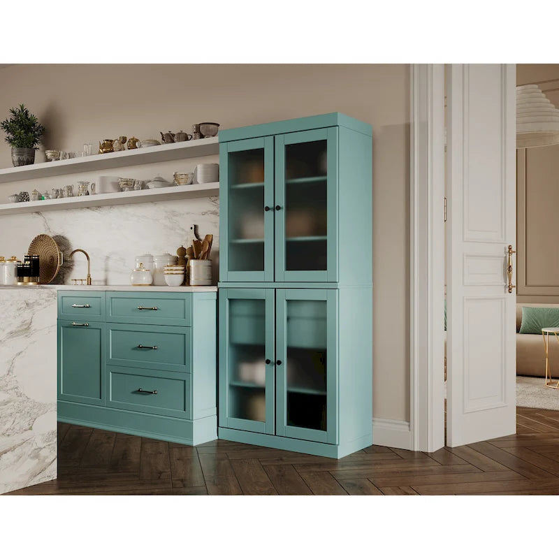 Solid Pine Wood Kitchen Pantry Cabinet with Frosted Glass Doors 2 Drawers and Adjustable Shelves 32x71 Inch