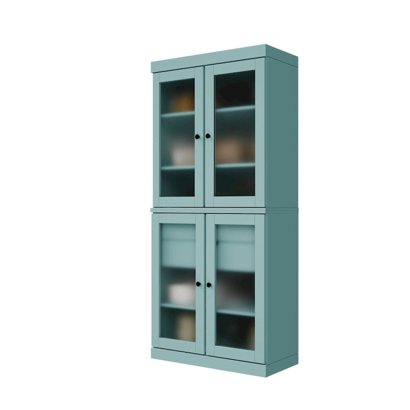 Solid Pine Wood Kitchen Pantry Cabinet with Frosted Glass Doors 2 Drawers and Adjustable Shelves 32x71 Inch
