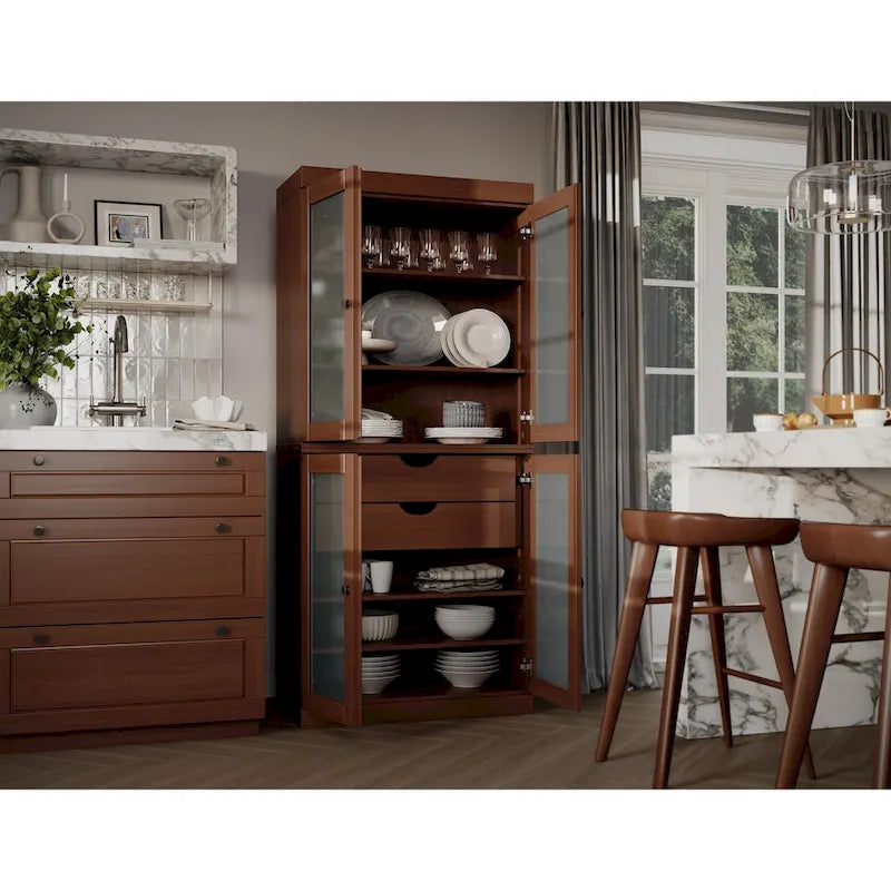 Solid Pine Wood Kitchen Pantry Cabinet with Frosted Glass Doors 2 Drawers and Adjustable Shelves 32x71 Inch