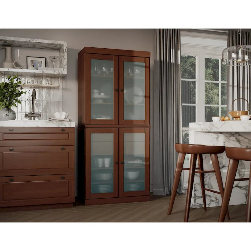Solid Pine Wood Kitchen Pantry Cabinet with Frosted Glass Doors 2 Drawers and Adjustable Shelves 32x71 Inch