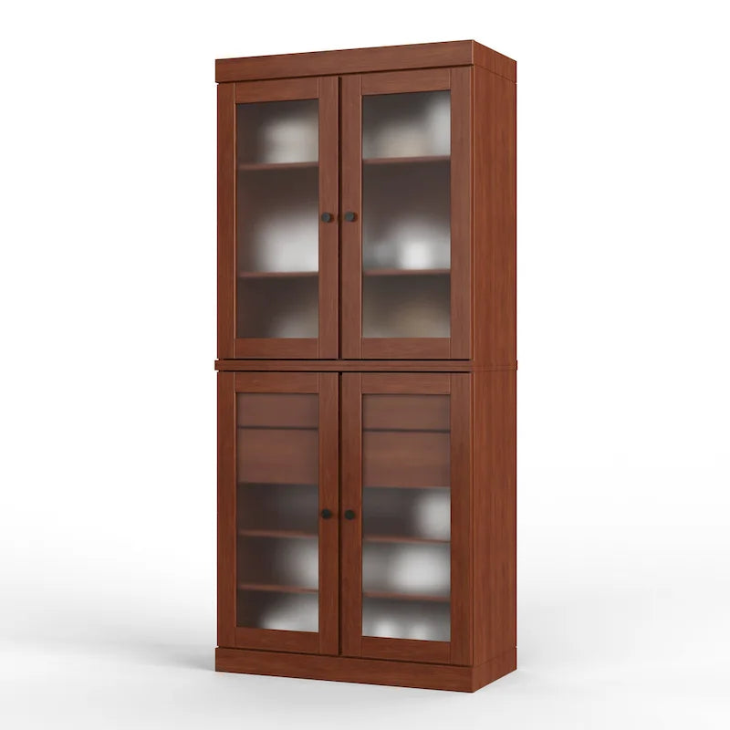 Solid Pine Wood Kitchen Pantry Cabinet with Frosted Glass Doors 2 Drawers and Adjustable Shelves 32x71 Inch