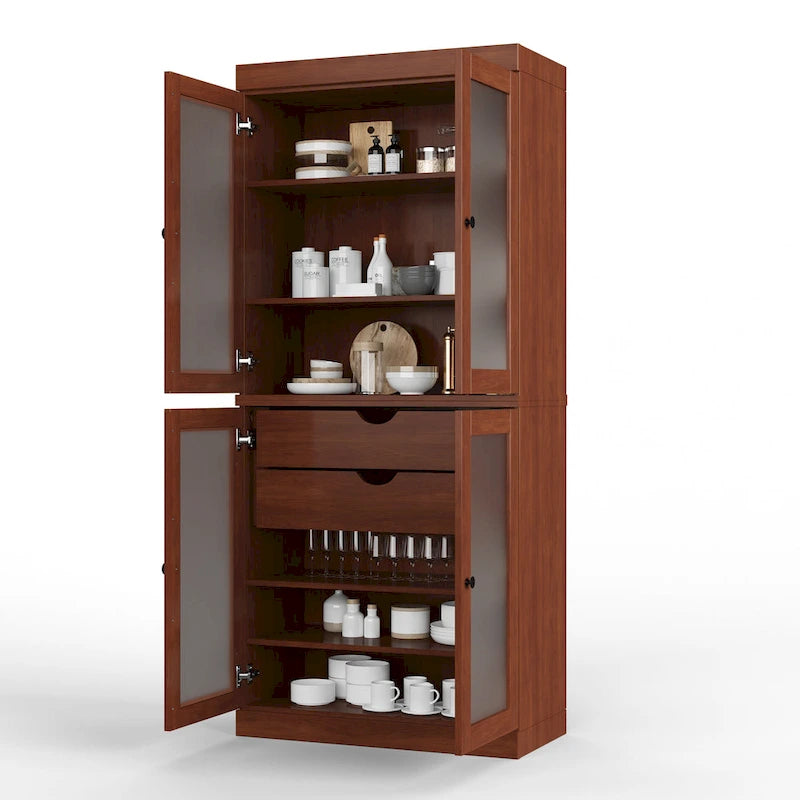 Solid Pine Wood Kitchen Pantry Cabinet with Frosted Glass Doors 2 Drawers and Adjustable Shelves 32x71 Inch