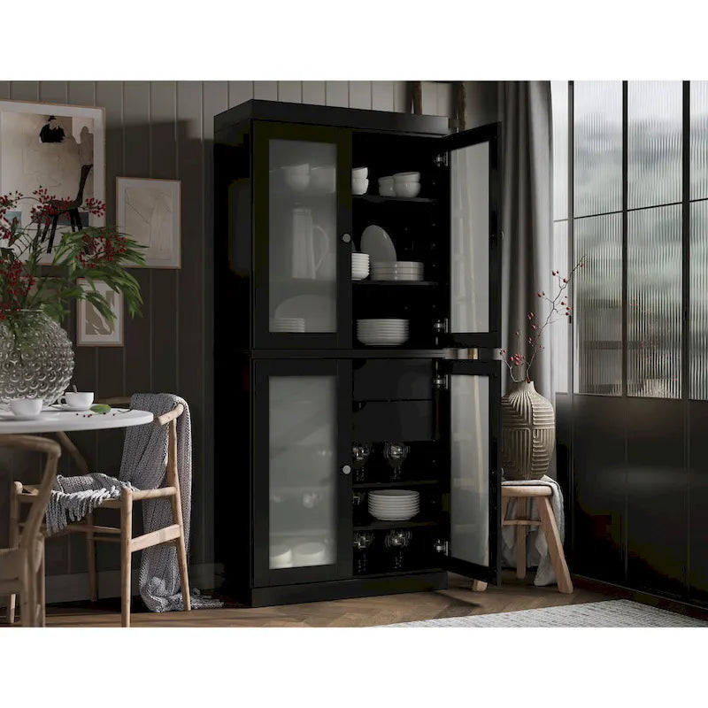 Solid Pine Wood Kitchen Pantry Cabinet with Frosted Glass Doors 2 Drawers and Adjustable Shelves 32x71 Inch