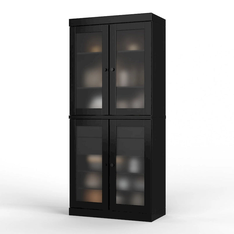Solid Pine Wood Kitchen Pantry Cabinet with Frosted Glass Doors 2 Drawers and Adjustable Shelves 32x71 Inch