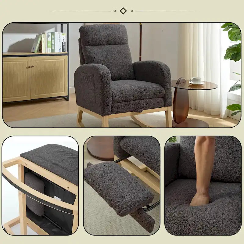High-Back Upholstered Rocking Chair with Adjustable Footrest and Side Pocket 29.5 Inch