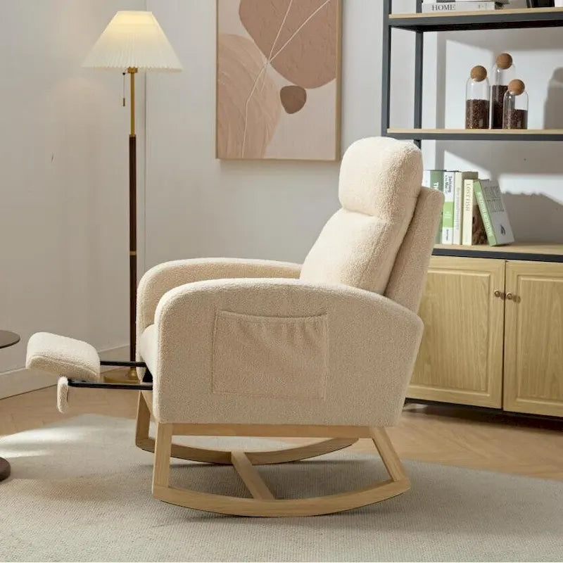 High-Back Upholstered Rocking Chair with Adjustable Footrest and Side Pocket 29.5 Inch