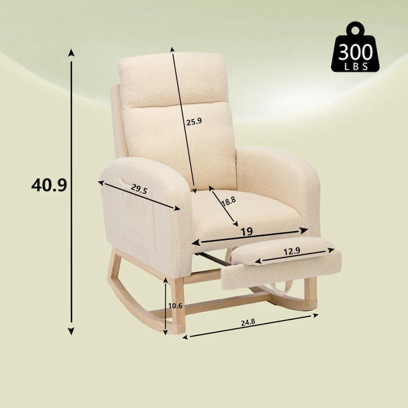 High-Back Upholstered Rocking Chair with Adjustable Footrest and Side Pocket 29.5 Inch