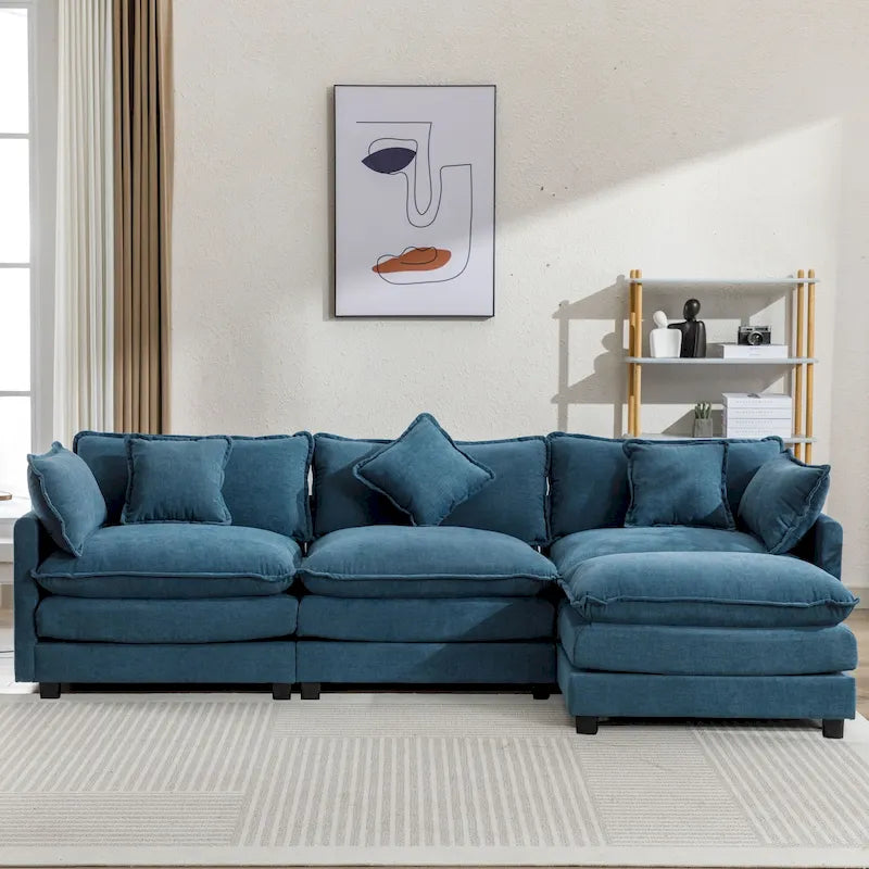 L-Shape 4-Seat Chenille Sectional Sofa with Removable Ottoman and 5 Pillows 112 Inch