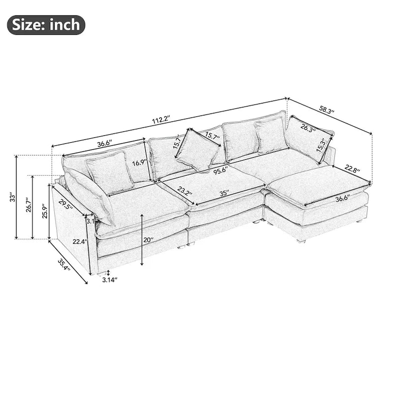L-Shape 4-Seat Chenille Sectional Sofa with Removable Ottoman and 5 Pillows 112 Inch