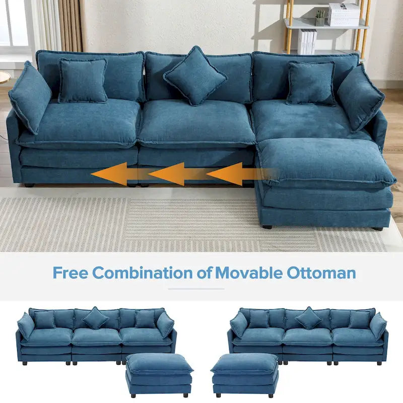 L-Shape 4-Seat Chenille Sectional Sofa with Removable Ottoman and 5 Pillows 112 Inch